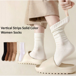 KK179 Kaos Kaki Panjang Wanita Vertical Stripes Solid Color Women Socks